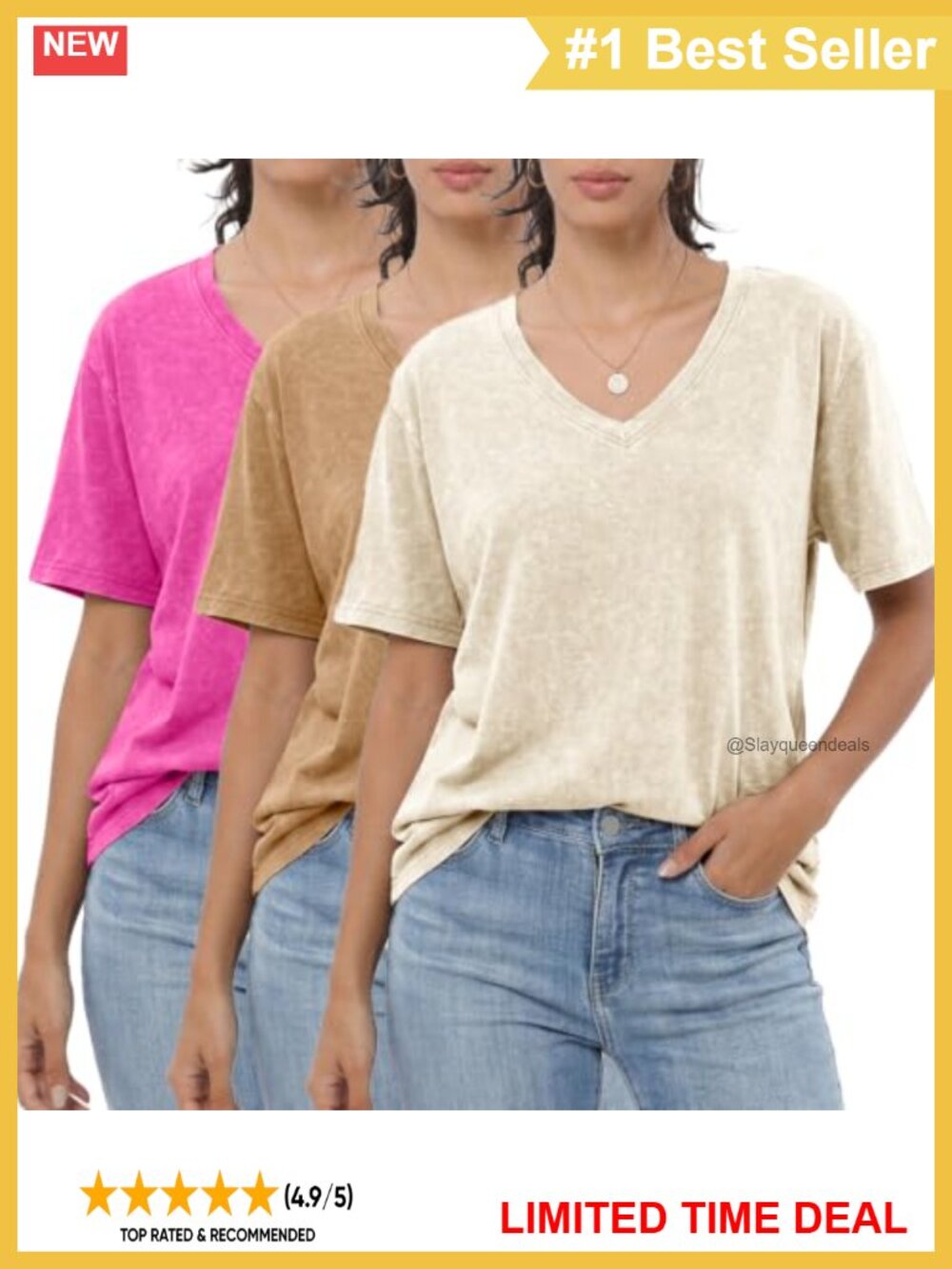 Womens Oversized Vintage Washed Cotton T-Shirt V-Neck Short Sleeve Casual Top